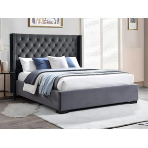 Vente-unique Bed met gestoffeerd hoofdbord - 160 x 200 cm - Velours - Grijs + matras - MASSIMO II L 183.5 cm x H 141.5 cm x D 215.5 cm