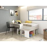 Combinatiebed 90 x 200 cm met opbergruimte en bureau - Kleur: naturel en wit + lattenbodem - RIGALI