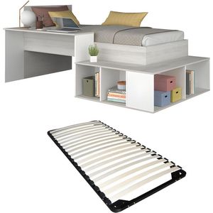 Combinatiebed 90 x 200 cm met opbergruimte en bureau - Kleur: naturel en wit + lattenbodem - RIGALI L 233.2 cm x H 100.5 cm x D 128.8 cm