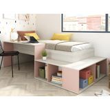 Combinatiebed 90 x 200 cm met opbergruimte en bureau - Kleur: naturel en roze + lattenbodem - RIGALI