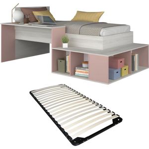 Combinatiebed 90 x 200 cm met opbergruimte en bureau - Kleur: naturel en roze + lattenbodem - RIGALI