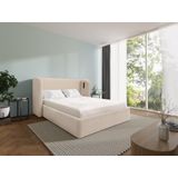 Bed met opbergruimte 160 x 200 cm met ingekeept hoofdbord - Met ledverlichting - Beige - STOKALI