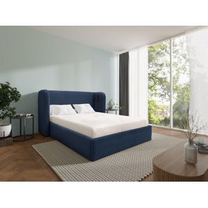 Bed met opbergruimte 180 x 200 cm met ingekeept hoofdbord - Met ledverlichting - Blauw - STOKALI L 215 cm x H 113 cm x D 215 cm