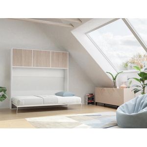 Opklapbaar bed 140 x 200 cm - Handmatige horizontale opening - Met opbergruimte - Kleur: Naturel en wit + Matras - ELIANOR II