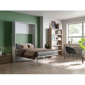 Vente-unique Opklapbaar bed 140 x 200 cm - Verticale handmatige opening - Wit + matras - MALINA II L 154 cm x H 208.5 cm x D 214 cm