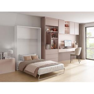 Bedkast – 140 x 200 cm – Handmatige verticale opening – Wit en grijs – Met matras – MALINA II L 154 cm x H 208.5 cm x D 214 cm