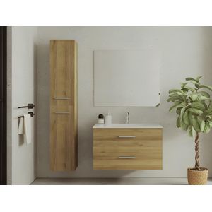 Hangend badkamermeubel met enkele wastafel en licht naturelkleurige opbergzuil - 80 cm - KAYLA