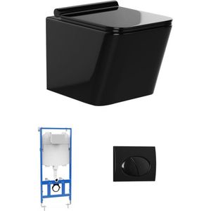 Set voor hang-wc van glanzend zwart keramiek met voorwandsysteem en ovalen bedieningsplaat - CLEMONA