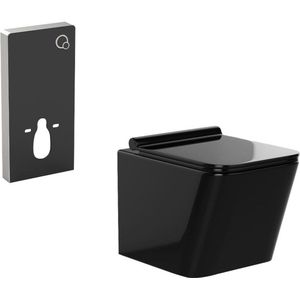 Set voor hang-wc van glanzend zwart keramiek met decoratief voorwandsysteem - CLEMONA