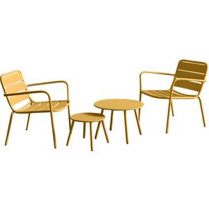MYLIA Tuinzithoek van metaal - 2 lage opstapelbare fauteuils en uitschuiftafels - Mosterdgeel - MIRMANDE van MYLIA L 60 cm x H 71.5 cm x D 67.5 cm