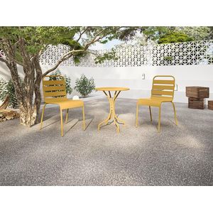 Tuineethoek van metaal - Een tafel D60 cm en 2 opstapelbare stoelen - Mosterdgeel - MIRMANDE
