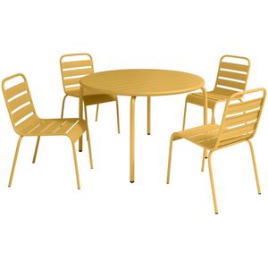 Tuineethoek van metaal - Een tafel D110 cm en 4 opstapelbare stoelen - Mosterdgeel - MIRMANDE van MYLIA