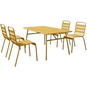 MYLIA Tuineethoek van metaal - Een tafel D160 cm en 4 opstapelbare stoelen - Mosterdgeel - MIRMANDE van MYLIA L 160 cm x H 79 cm x D 80 cm