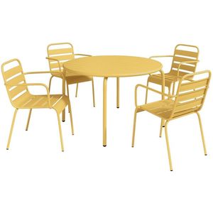 Tuineethoek van metaal - Een tafel D110 cm en 4 opstapelbare stoelen - Mosterdgeel - MIRMANDE van MYLIA