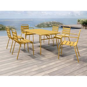 Tuineethoek van metaal - Een tafel D160 cm met 2 opstapelbare fauteuils en 4 opstapelbare stoelen - Mosterdgeel - MIRMANDE van MYLIA