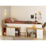 Hoogslaper 90 x 200 cm met bureau en opbergruimte - Wit en naturel + bedbodem - PALOMA