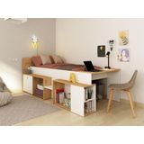 Hoogslaper 90 x 200 cm met bureau en opbergruimte - Wit en naturel + bedbodem - PALOMA