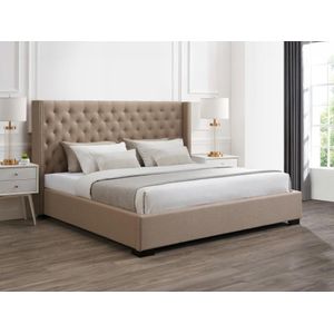 Bed 200 x 200 cm met hoofdbord met capitons - Stof - Beige - MASSIMO