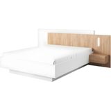 Bed met opbergruimte en nachtkastjes – 160 x 200 cm – 2 lades – Ledverlichting – Kleuren: wit en houtlook – FRANCOLI