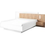 Bed met opbergruimte en nachtkastjes – 160 x 200 cm – 2 lades – Ledverlichting – Kleuren: wit en houtlook – Met matras – FRANCOLI