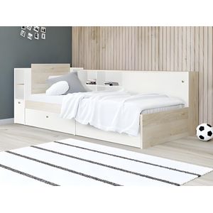 Bed 90 x 200 cm met opbergruimte - Wit en naturel + bedbodem + matras - LIARA