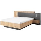 Bed met opbergruimte en nachtkastjes – 160 x 200 cm – 2 lades – Ledverlichting – Kleuren: houtlook en antraciet – FRANCOLI