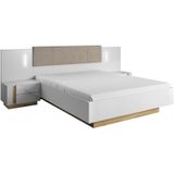 Bed met opbergruimte en nachtkastjes – 160 x 200 cm – Met ledverlichting – Wit en houtlook – Met matras – MURARI