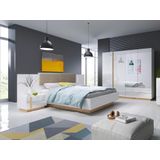 Bed met opbergruimte en nachtkastjes – 160 x 200 cm – Met ledverlichting – Wit en houtlook – Met matras – MURARI