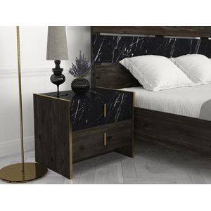 Set van 2 nachtkastjes met 2 lades – Zwarte marmerlook, houtlook en goudkleurige accenten – CADEBA L 55 cm x H 45 cm x D 40 cm