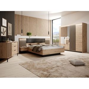 Set bed met nachtkastjes 160 x 200 cm + bedbodem + ladekast + kast - Kleur: naturel en zwart - ARIADA L 163.2 cm x H 104 cm x D 210 cm