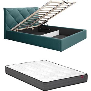 PASCAL MORABITO Bed met opbergruimte 160 x 200 cm - Velours - Blauwgroen + matras - STARI van Pascal Morabito L 173 cm x H 104 cm x D 210 cm