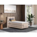 Complete boxspringset met gestoffeerd hoofdbord – Elektrisch verstelbare relaxbedbodems – Met matras – Met topmatras – 100 x 200 cm – Stoffen bekleding – Beige – LODI van PALACIO