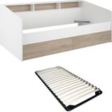 Bed 90 x 200 cm met opbergruimte - Wit en natuurlijk + Lattenbodem - PAULETTE