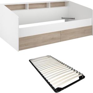 Bed 90 x 200 cm met opbergruimte - Wit en natuurlijk + Lattenbodem - PAULETTE