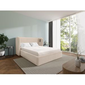 Bed met opbergruimte 180 x 200 cm met ingekeept hoofdbord - Met ledverlichting - Stof - Beige + matras - STOKALI