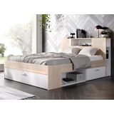 Bed met hoofdeinde met opbergruimte en lades - 160 x 200 cm - Kleur: naturel en wit + bedbodem + matras - LEANDRE