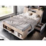 Bed met hoofdeinde met opbergruimte en lades - 160 x 200 cm - Kleur: naturel en wit + bedbodem + matras - LEANDRE