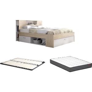 Bed met hoofdeinde met opbergruimte en lades - 160 x 200 cm - Kleur: naturel en wit + bedbodem + matras - LEANDRE L 228.5 cm x H 95 cm x D 169.5 cm