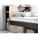 Bed met hoofdeinde met opbergruimte en lades - 160 x 200 cm - Kleur: naturel en antraciet + bedbodem + matras - LEANDRE