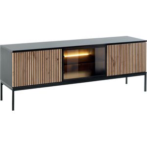 Tv-meubel met 3 deurtjes met ledverlichting van mdf en gerookt glas - Zwart en naturel - OVILA L 153.4 cm x H 56.2 cm x D 39 cm