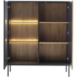 Vitrinekast met 2 deurtjes met ledverlichting van mdf en gerookt glas - Zwart en naturel - OVILA