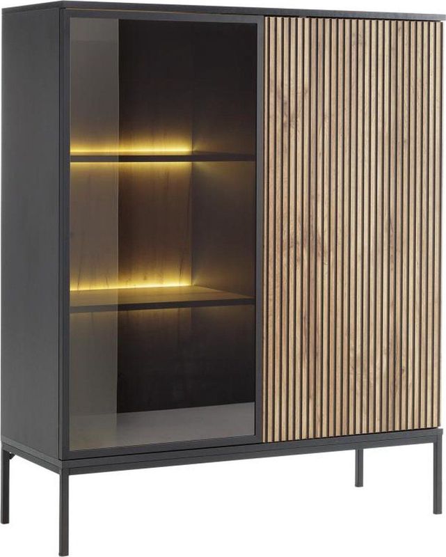 Vitrinekast met 2 deurtjes met ledverlichting van mdf en gerookt glas - Zwart en naturel - OVILA