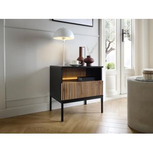 Vente-unique Nachtkastje 1 lade en 1 nis - Met ledverlichting - Zwart en naturel - OVILA L 53.6 cm x H 56.2 cm x D 39 cm