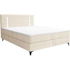 Ysmée Set boxspring met hoofdbord met ledverlichting + bedbodem + matras + dekmatras - 160 x 200 cm - Stof - Beige - ONO van YSMÉE L 207 cm x H 105 cm x D 165 cm