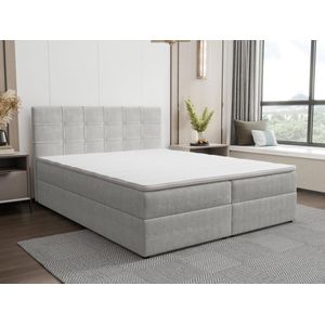Set bed met hoofdbord met capitons + bedbodem met opbergruimte + matras+ dekmatras - 160 x 200 cm - Stof - Lichtgrijs - KIDA van YSMÉE