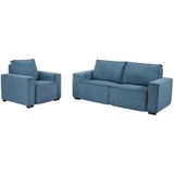 Driezitsbank en fauteuil van blauw ribfluweel AMELIO