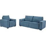 Driezitsbank en fauteuil van blauw ribfluweel AMELIO