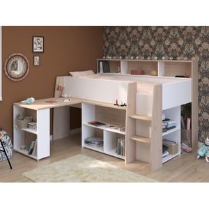 Combinatiebed – 90 x 200 cm – Met bureau en opbergruimte – Wit en houtlook – Met matras – APOLINO