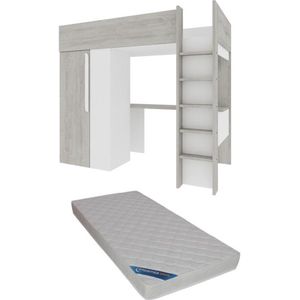 Hoogslaper – 90 x 200 cm – Met kledingkast en bureau – Vergrijsde houtlook en wit – Met matras – NICOLAS