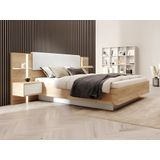 Bed met nachtkastjes 160 x 200 cm - Met ledverlichting - Kleur: houtlook en wit + bedbodem - ELYNIA